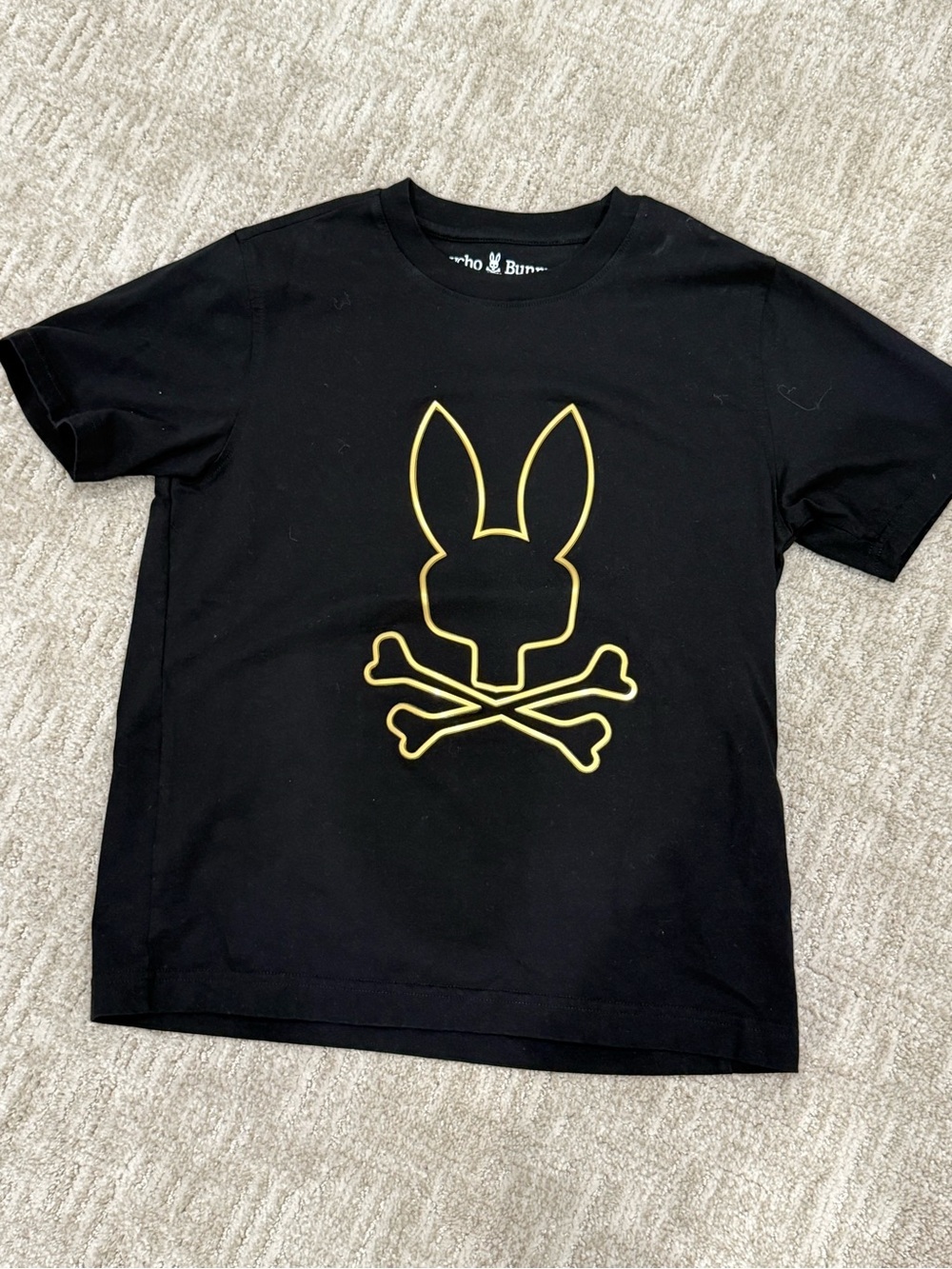 Psycho Bunny Kids Black Tee with Yellow Outline Skull Bunny, Sz 14-16,L-XL youth